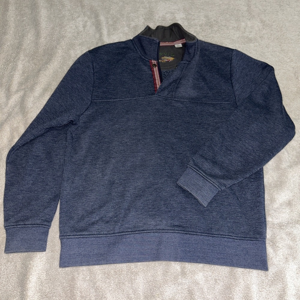Orvis Sweater Mens Sz Medium‎ Signature Classic Blue Red 1/4 Zip Snap Pullover